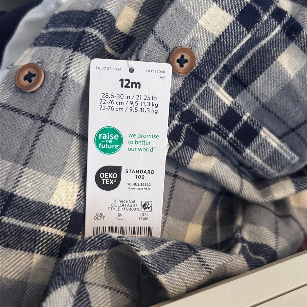 Carter's Plaid Jacket Sherpa Collar, Wolf Mountain Onesie Navy Jogger Pants Set